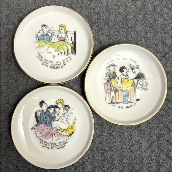 Set of 6 Vintage Risqué Humour Coasters / Ashtrays / Trinket Dishes from Japan - Picture 6 of 8